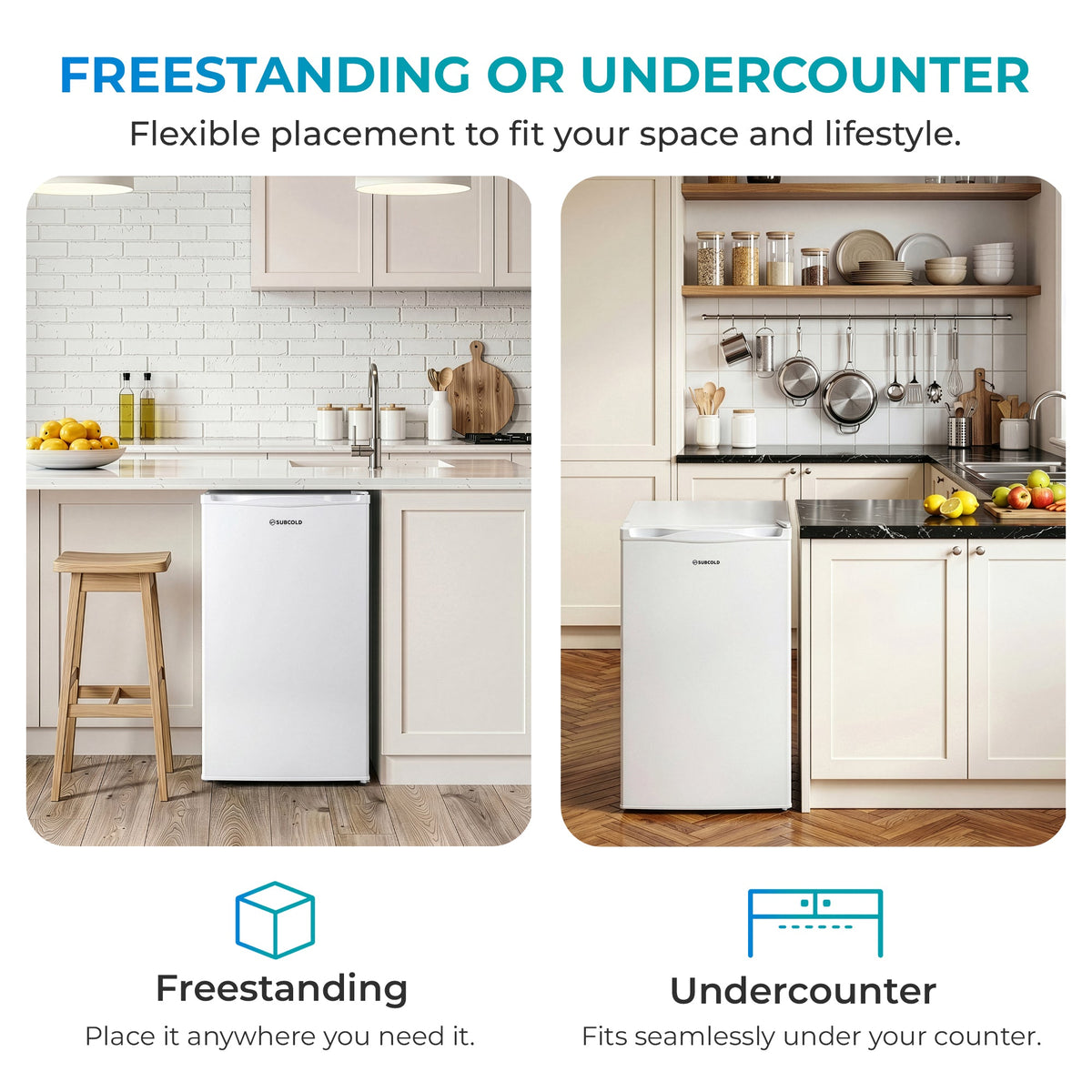 White under-counter freezer shown as freestanding appliance option, front view.