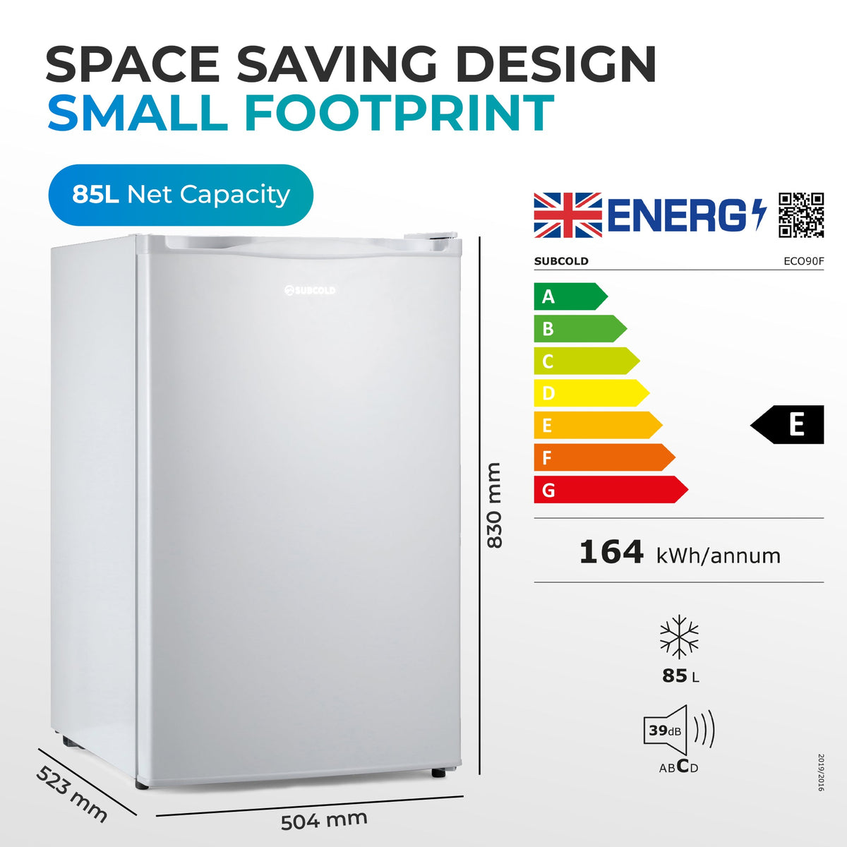 White under-counter freezer with front door closed and small footprint design.
