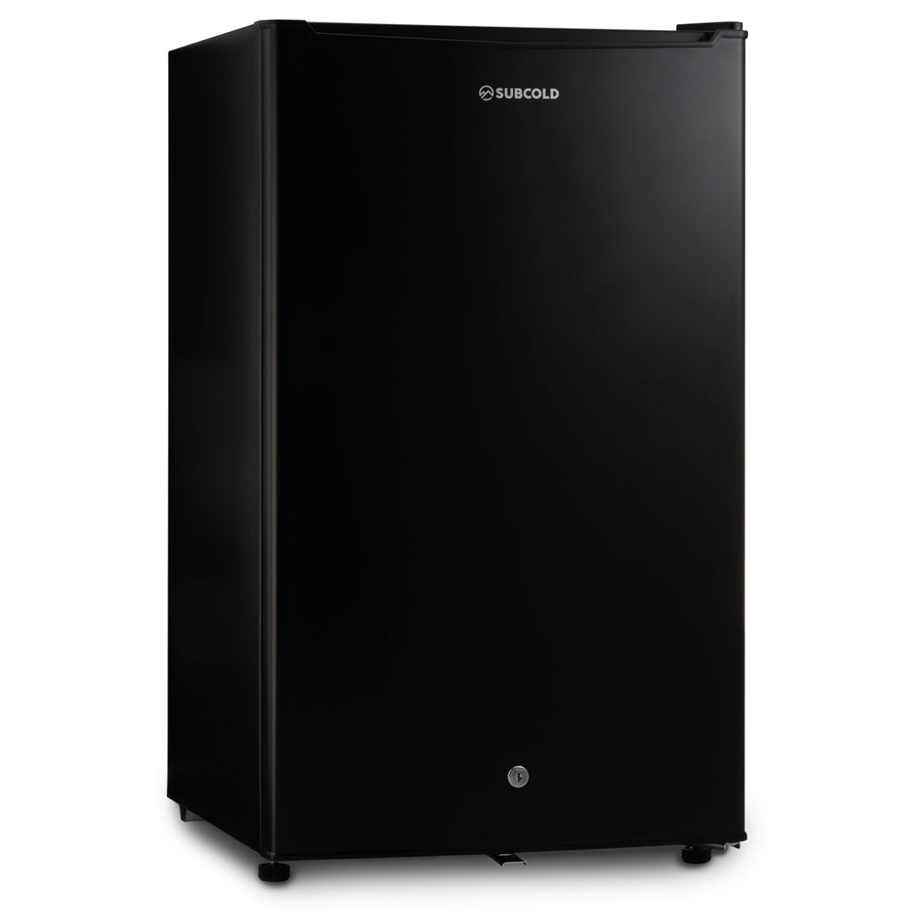 Black under-counter fridge with smooth front door and small temperature control dial