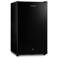 Black under-counter fridge with smooth front door and small temperature control dial