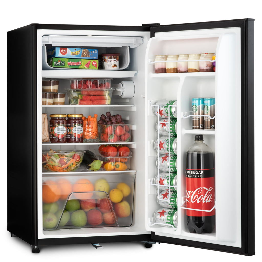 Black under-counter fridge with open door, interior shelves and drinks storage