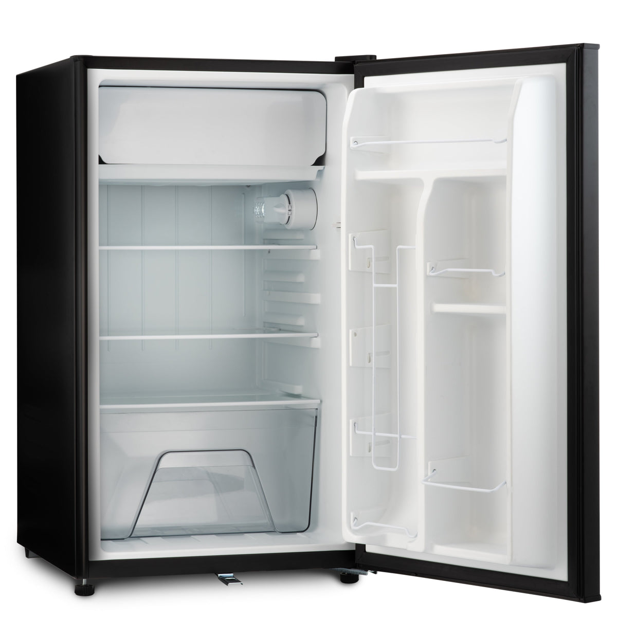 Black under-counter fridge with open door showing white interior shelves and compartments