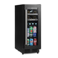 Black integrated 2-in-1 drinks and wine cooler with glass door and blue-lit shelves