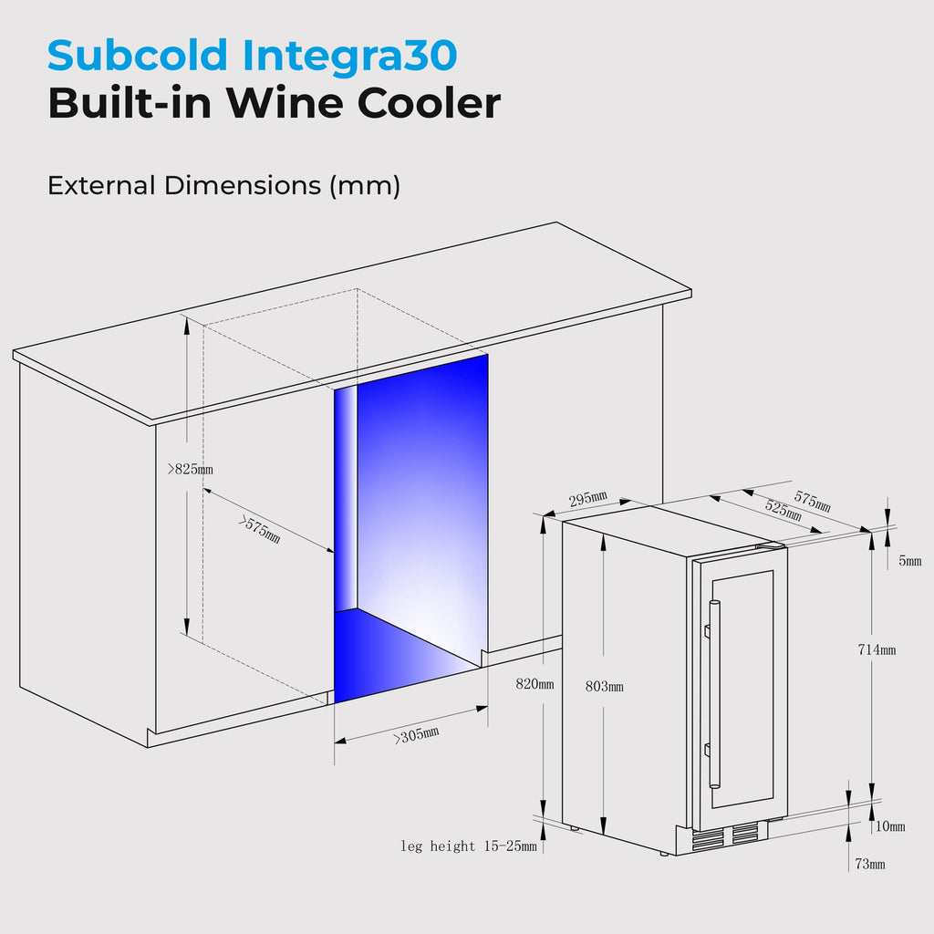 Wine cooler built-in dimensions diagram with outer cabinet measurements