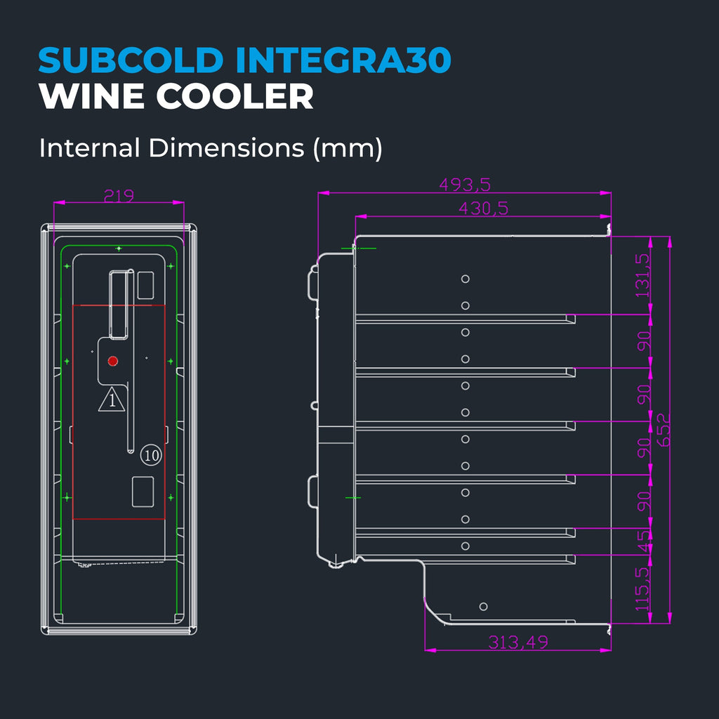 Wine cooler internal dimensions layout diagram with shelf and door measurements