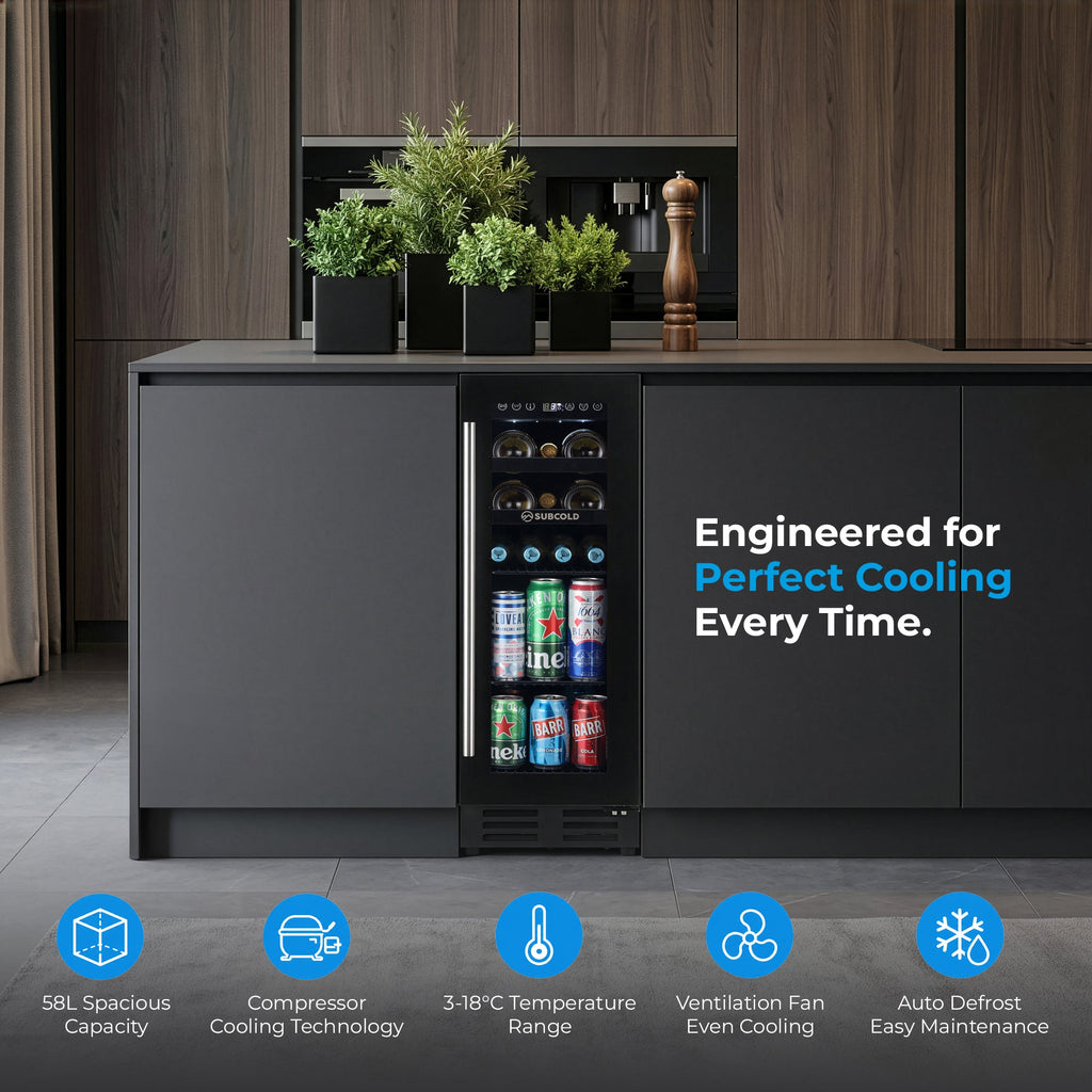 Stainless steel built-in drinks and wine cooler with open door showing bottle and can storage