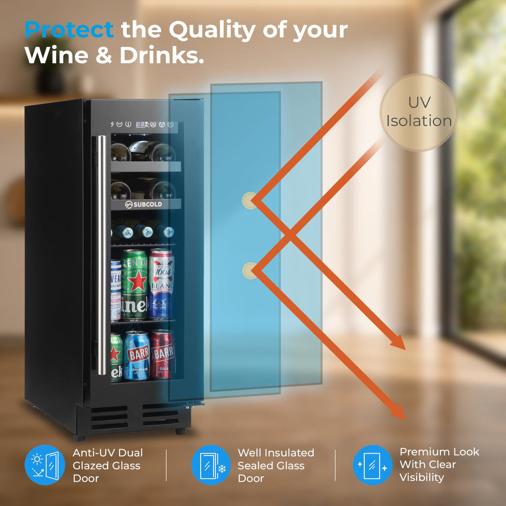 Black integrated drinks and wine cooler with open door and insulated interior panels