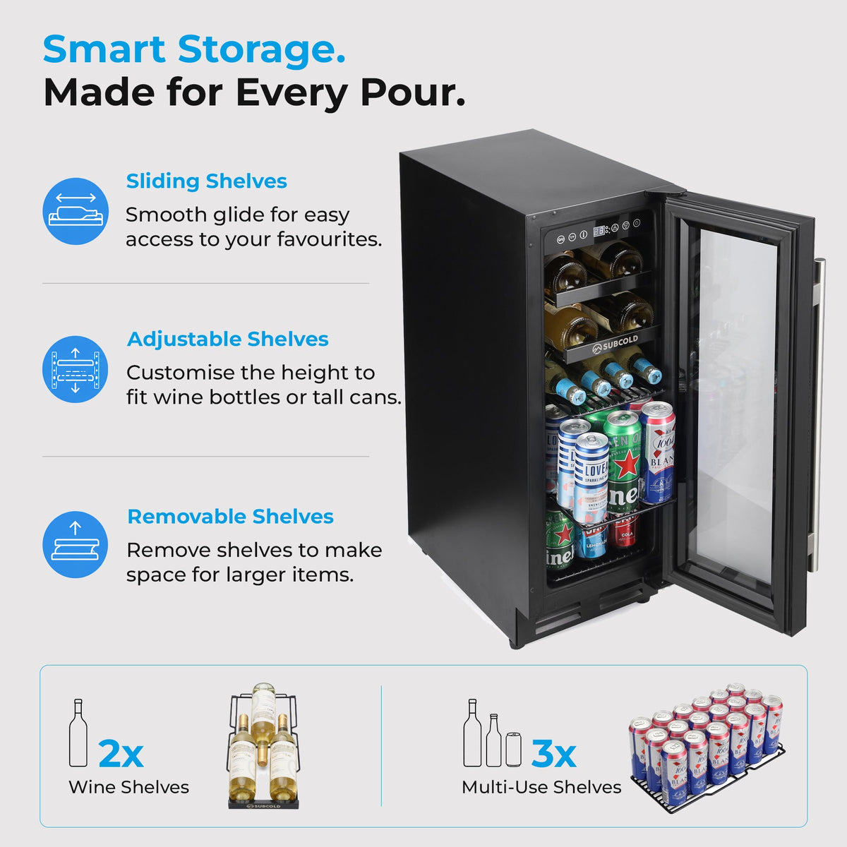 Black 2-in-1 drinks and wine cooler with open door showing interior shelves