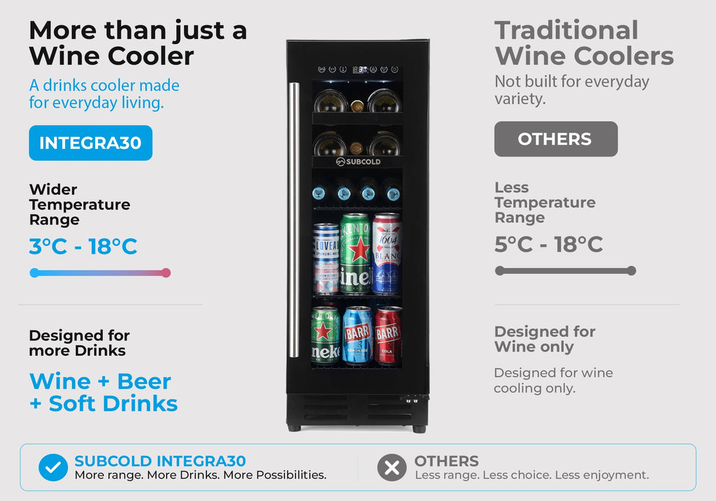 Black upright 2-in-1 drinks and wine cooler with digital control panel and glass interior