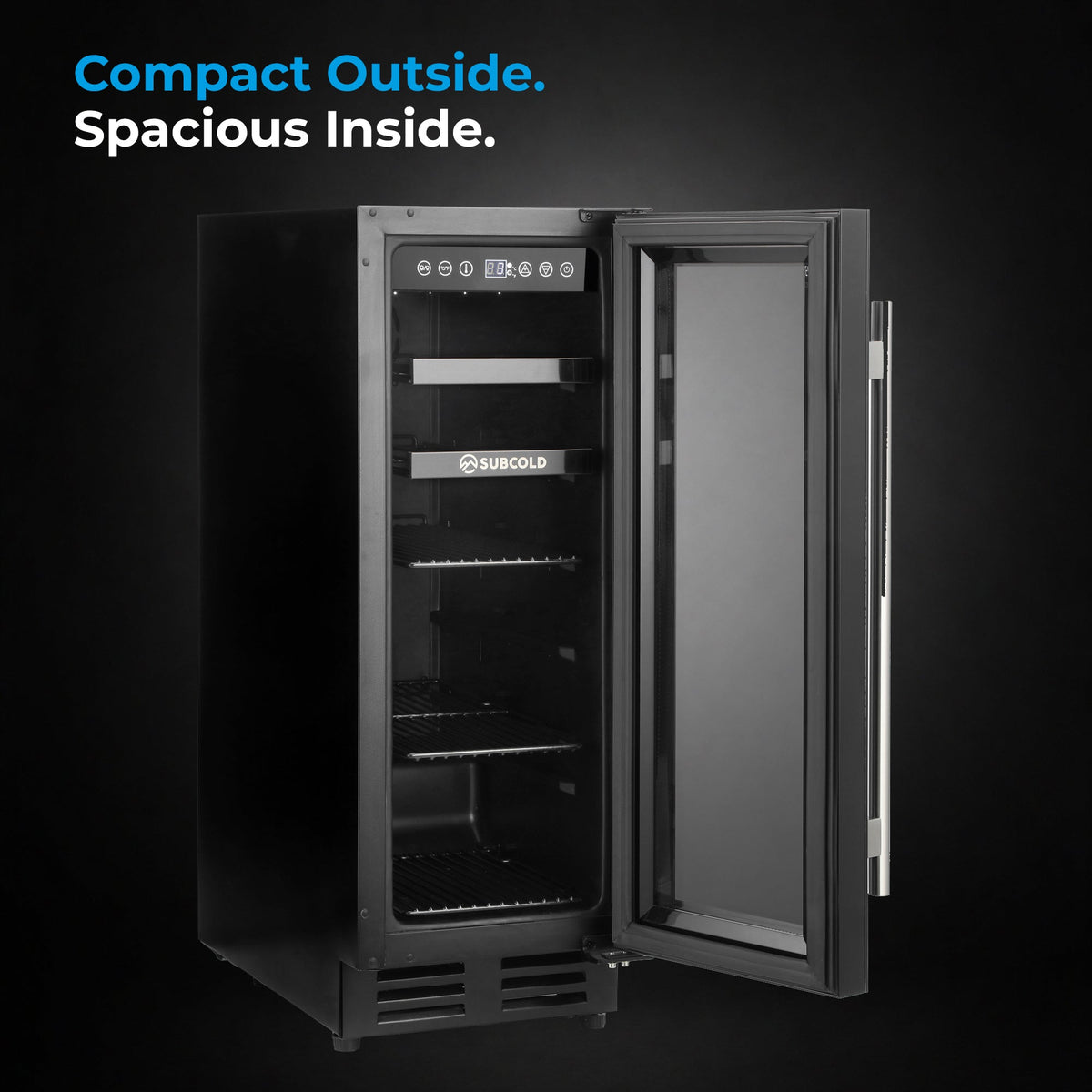 Black integrated drinks and wine cooler with open front door and storage racks inside