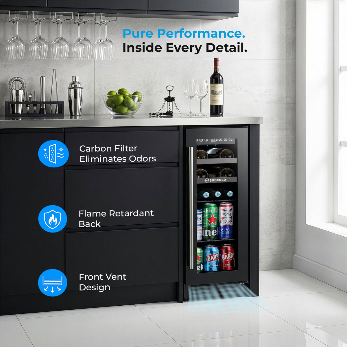 Black integrated drinks and wine cooler built into cabinet, open door with bottles inside