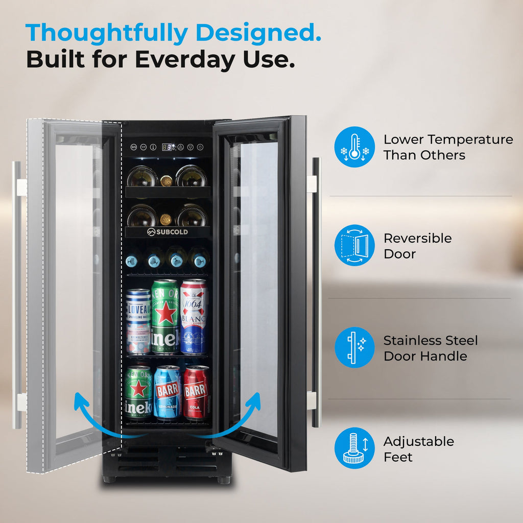 Black integrated drinks and wine cooler with reversible door open and stainless steel handle
