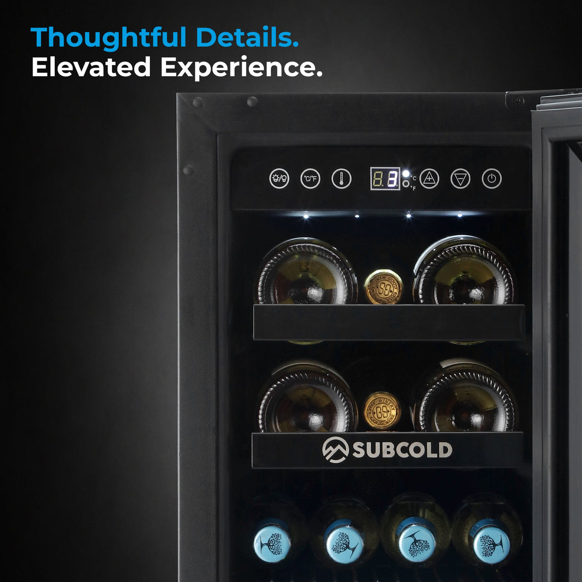 Wine cooler interior control panel with illuminated buttons and icons above bottle storage