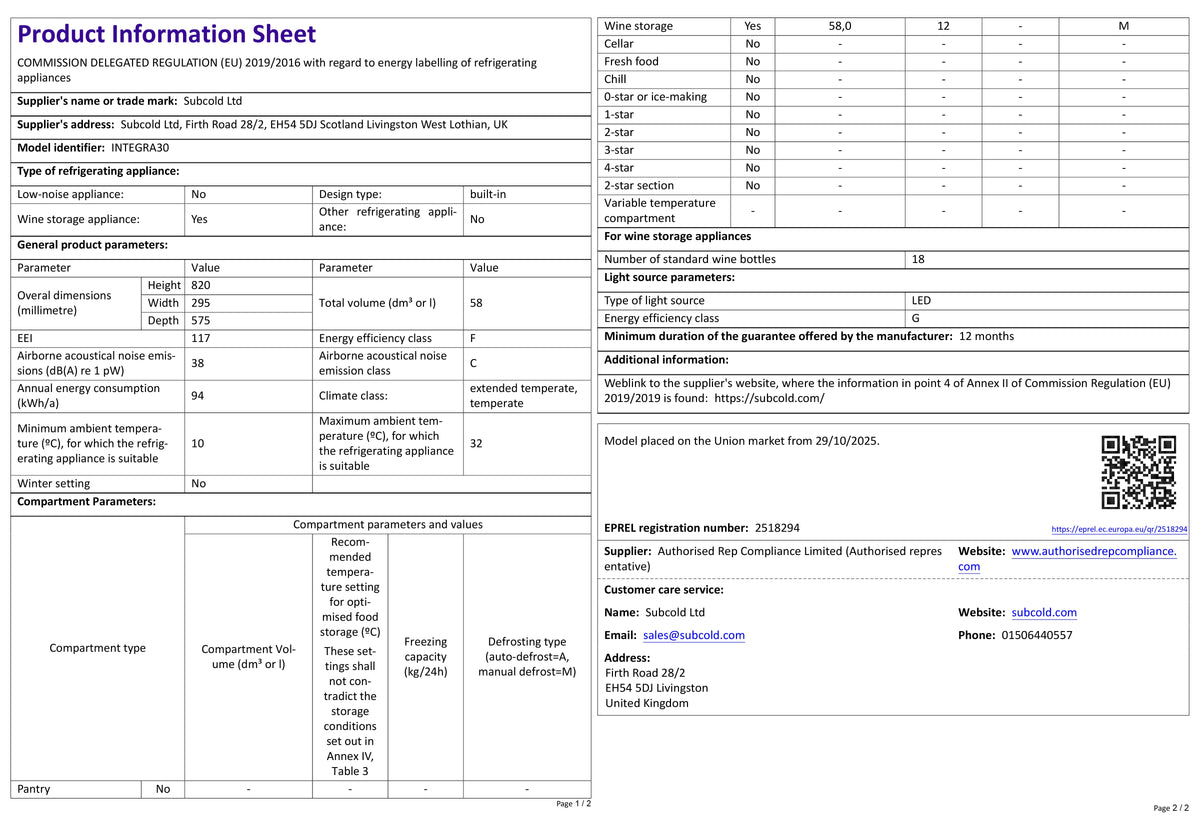 Wine cooler product information sheet document with specifications table