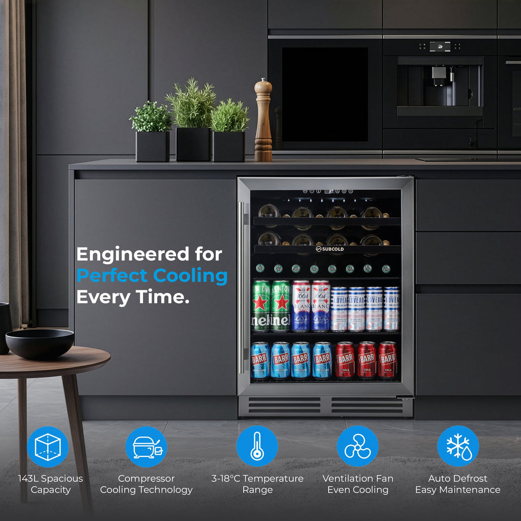 Built-in wine cooler with glass door, LED-lit interior holding bottles and cans