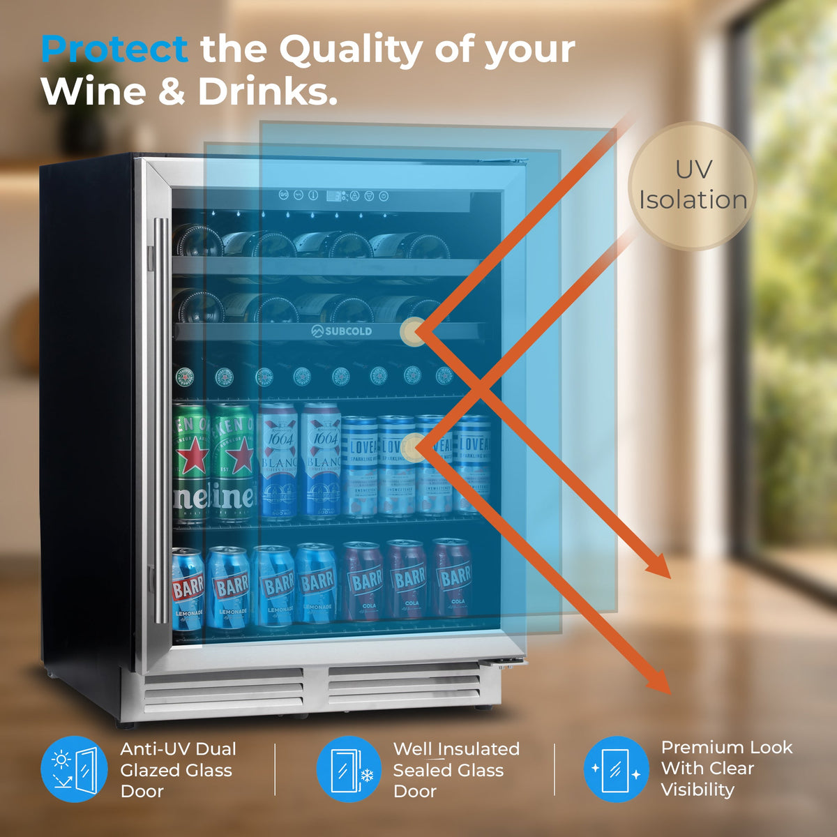 Wine cooler with UV protection feature illustration, glass door and stocked interior