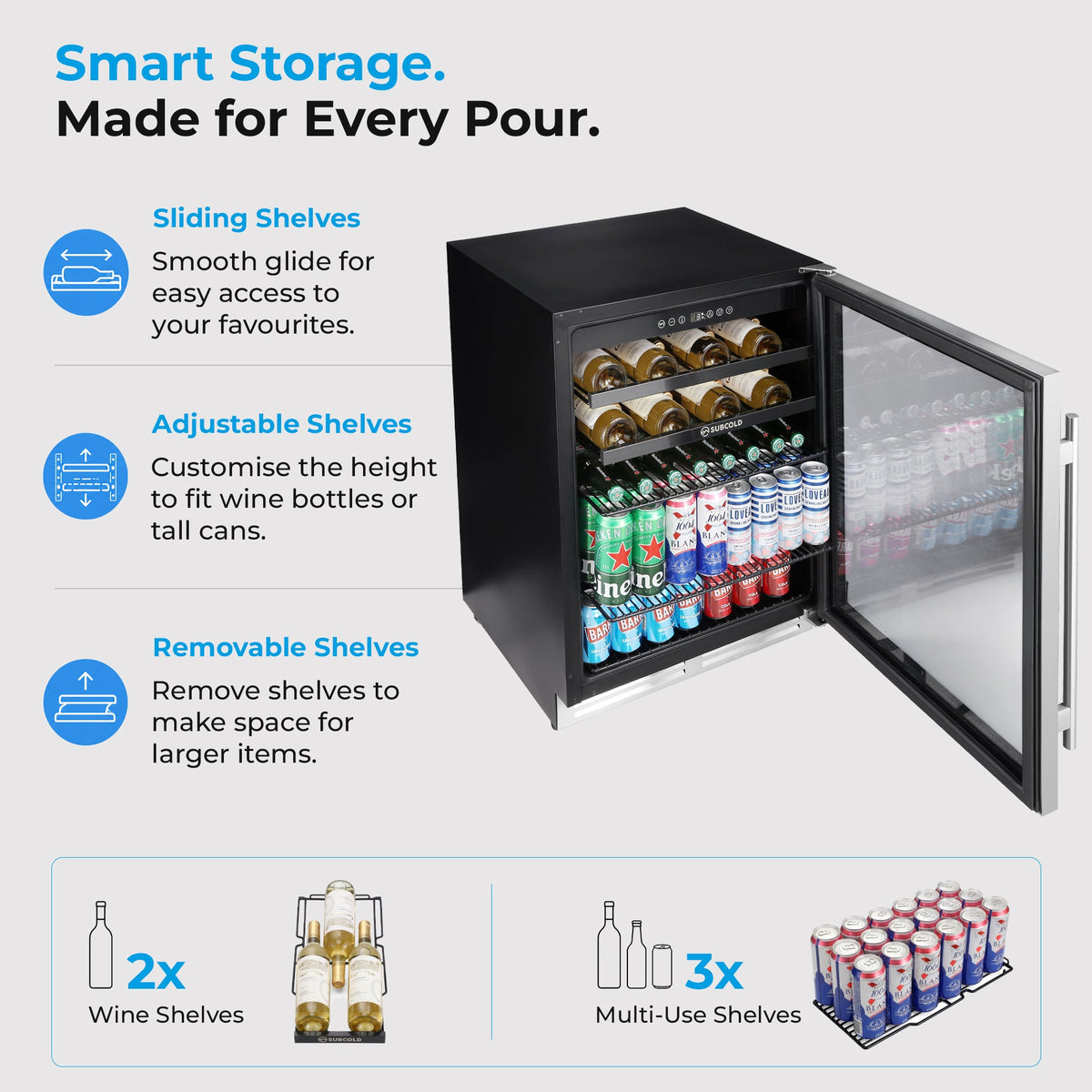 Wine cooler smart storage illustration with sliding, adjustable, and removable shelves