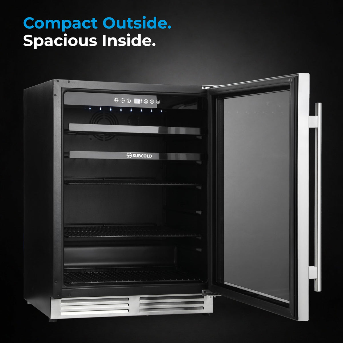 Stainless wine cooler with open door showing interior shelves and control panel