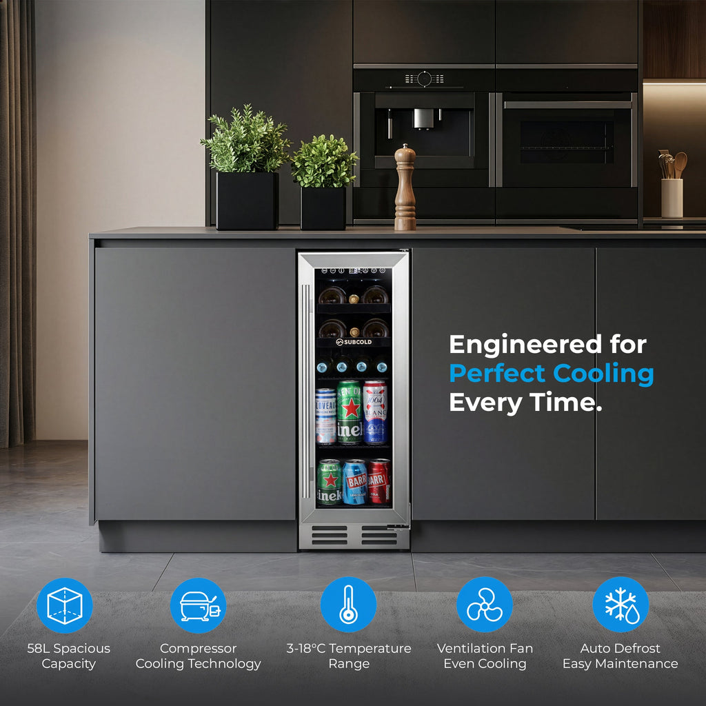 Integrated wine and drinks cooler installed in kitchen cabinetry with open glass door