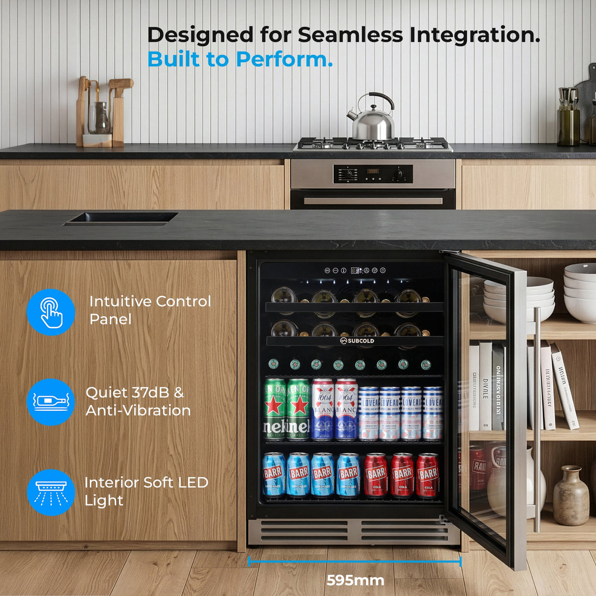 Integrated drinks and wine cooler, open black door with bottles and cans inside