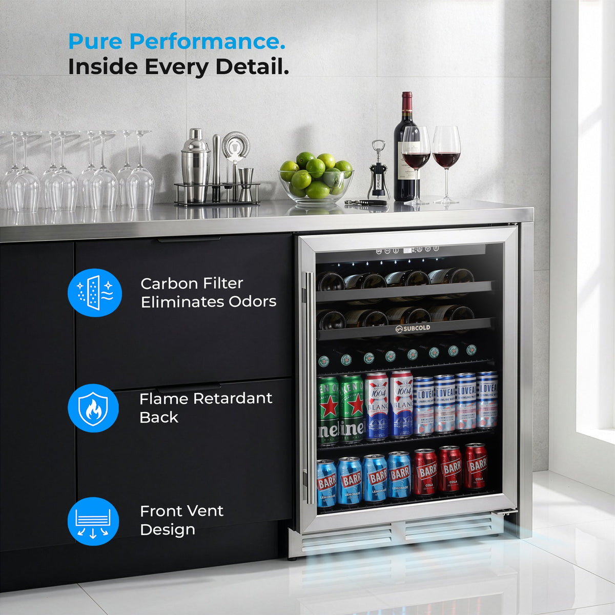 Integrated drinks and wine cooler, open black door with bottles and drink cans