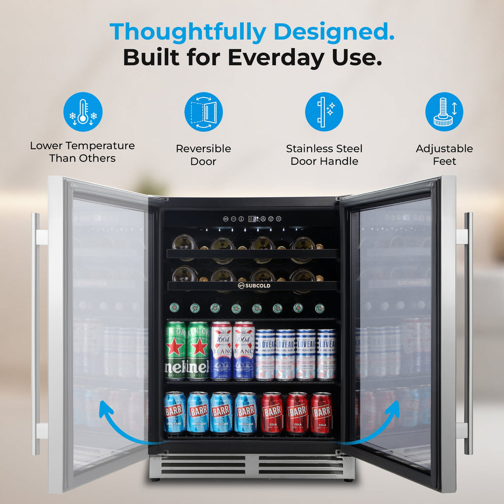 Stainless steel integrated drinks and wine cooler, open door with bottles inside
