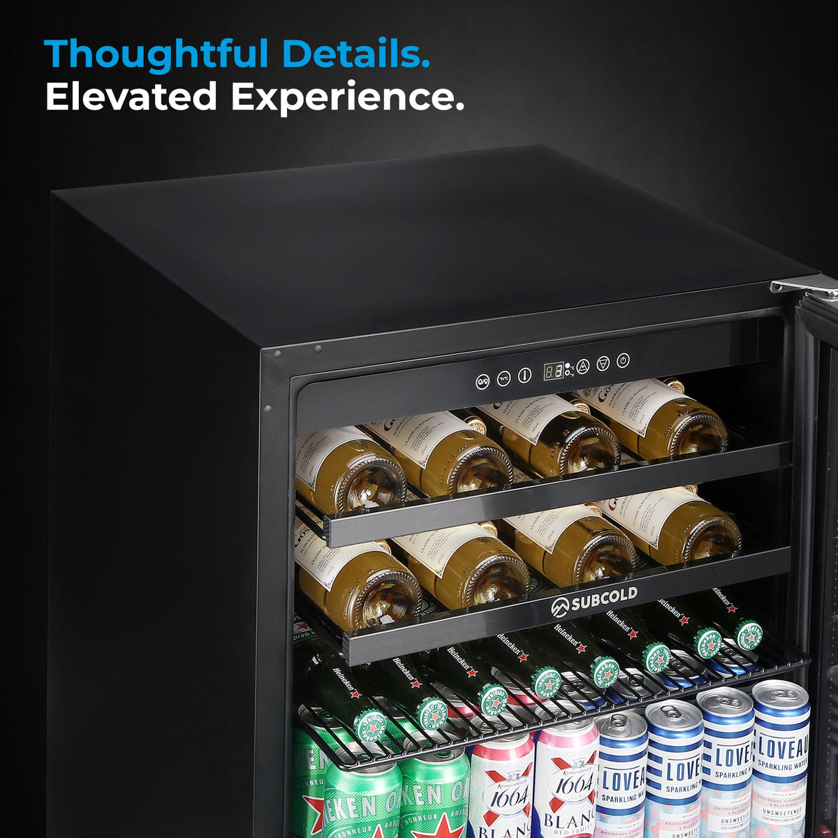 Black integrated drinks and wine cooler interior with bottles and drink cans