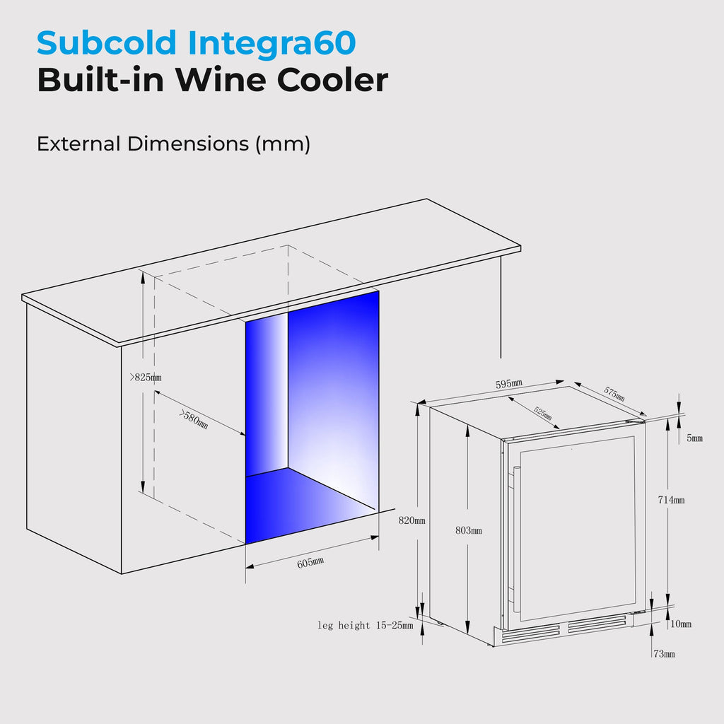 Built-in wine cooler exterior dimension diagram with measurements in mm