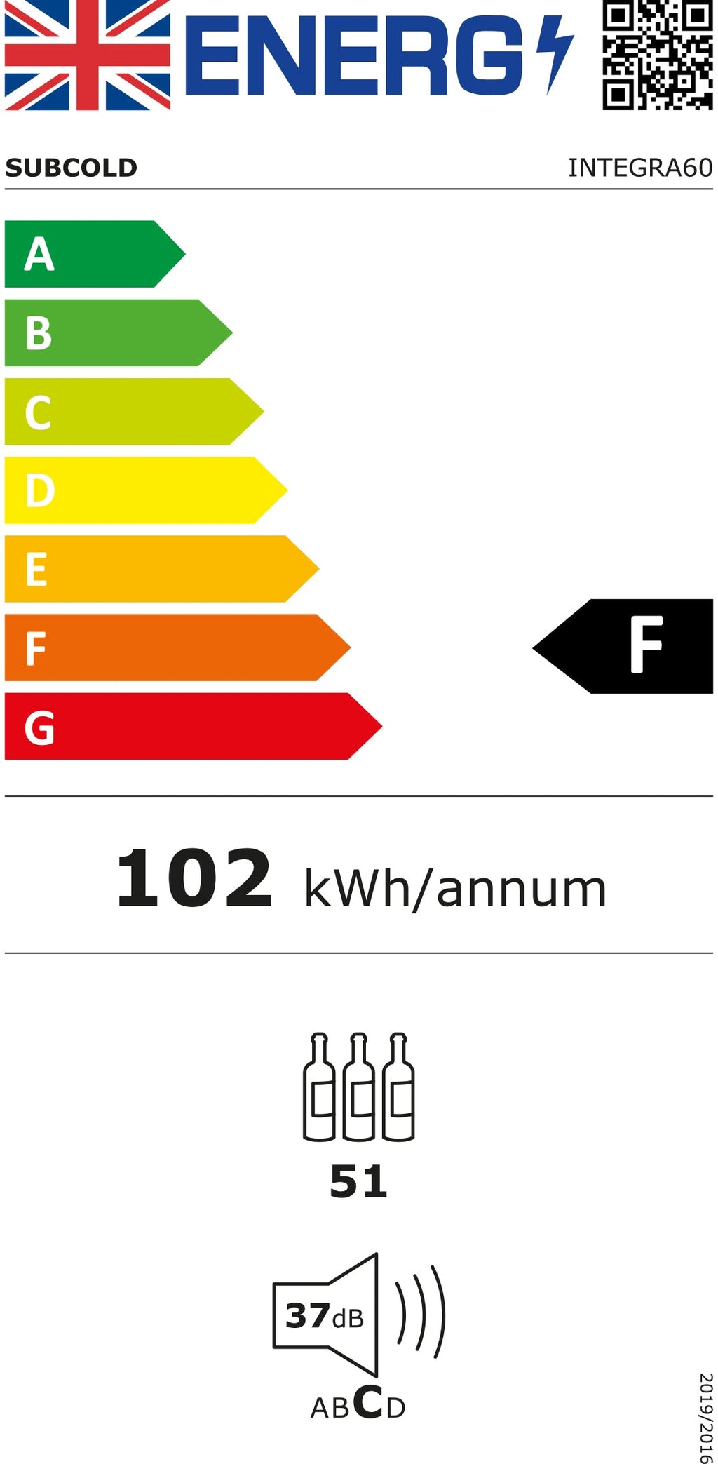 Energy efficiency label for Subcold Integra60 wine cooler, 102 kWh/annum