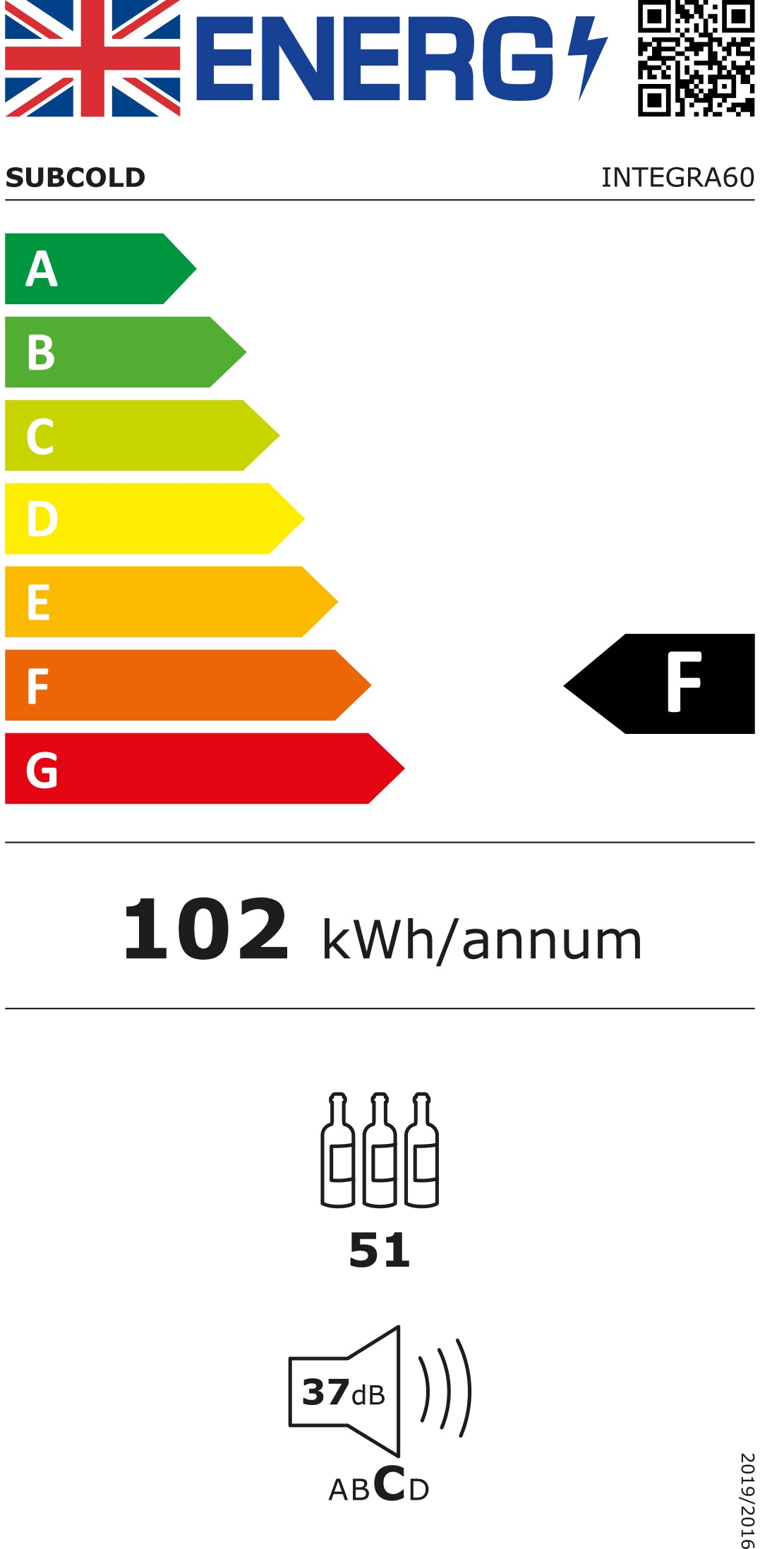 Energy efficiency label for Subcold Integra60 wine cooler, 102 kWh/annum