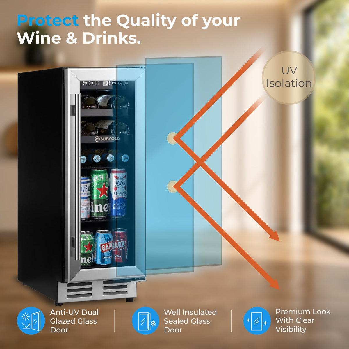 Wine cooler door with UV protection concept illustration and insulated seal diagram