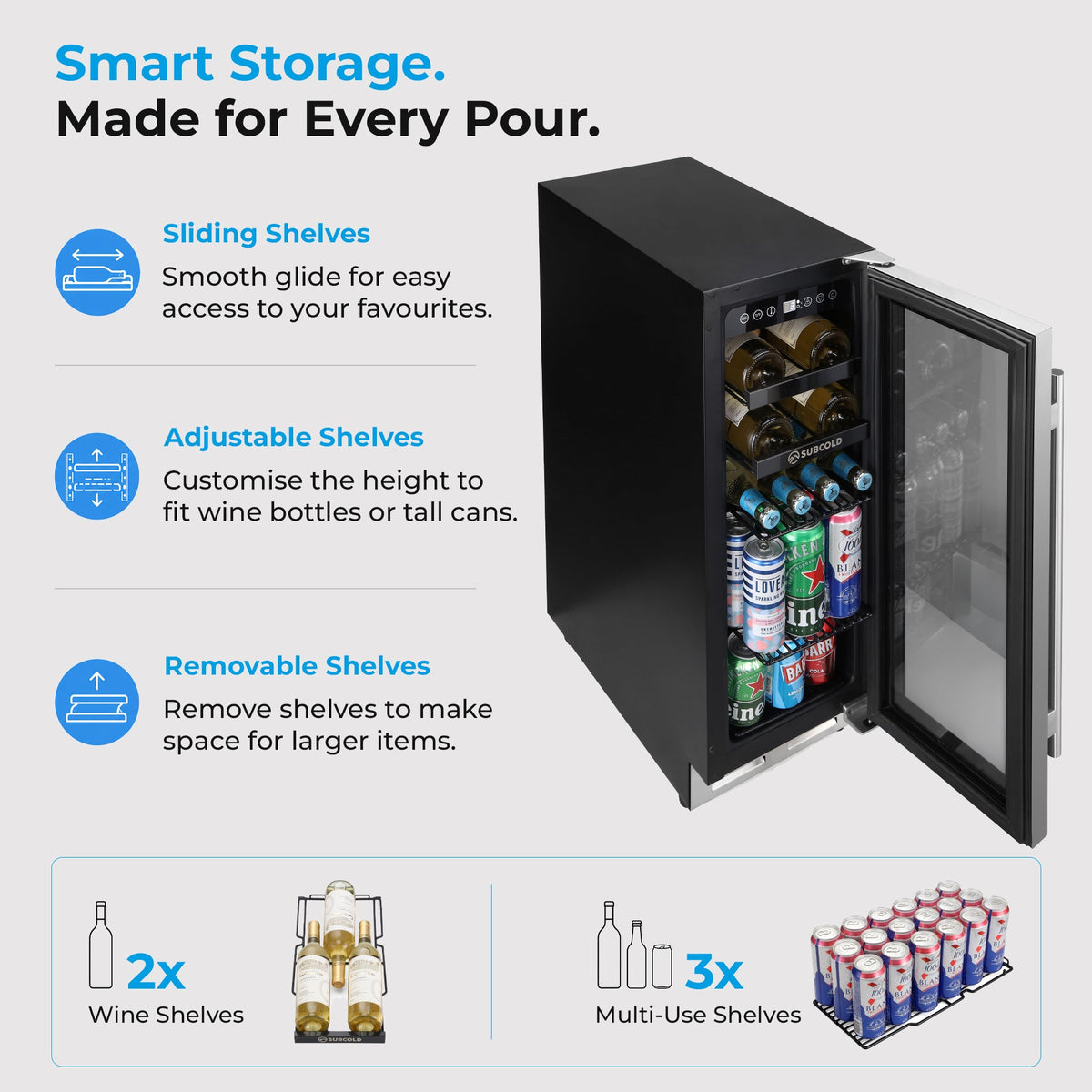 Wine cooler storage diagram showing sliding, adjustable, and removable shelves