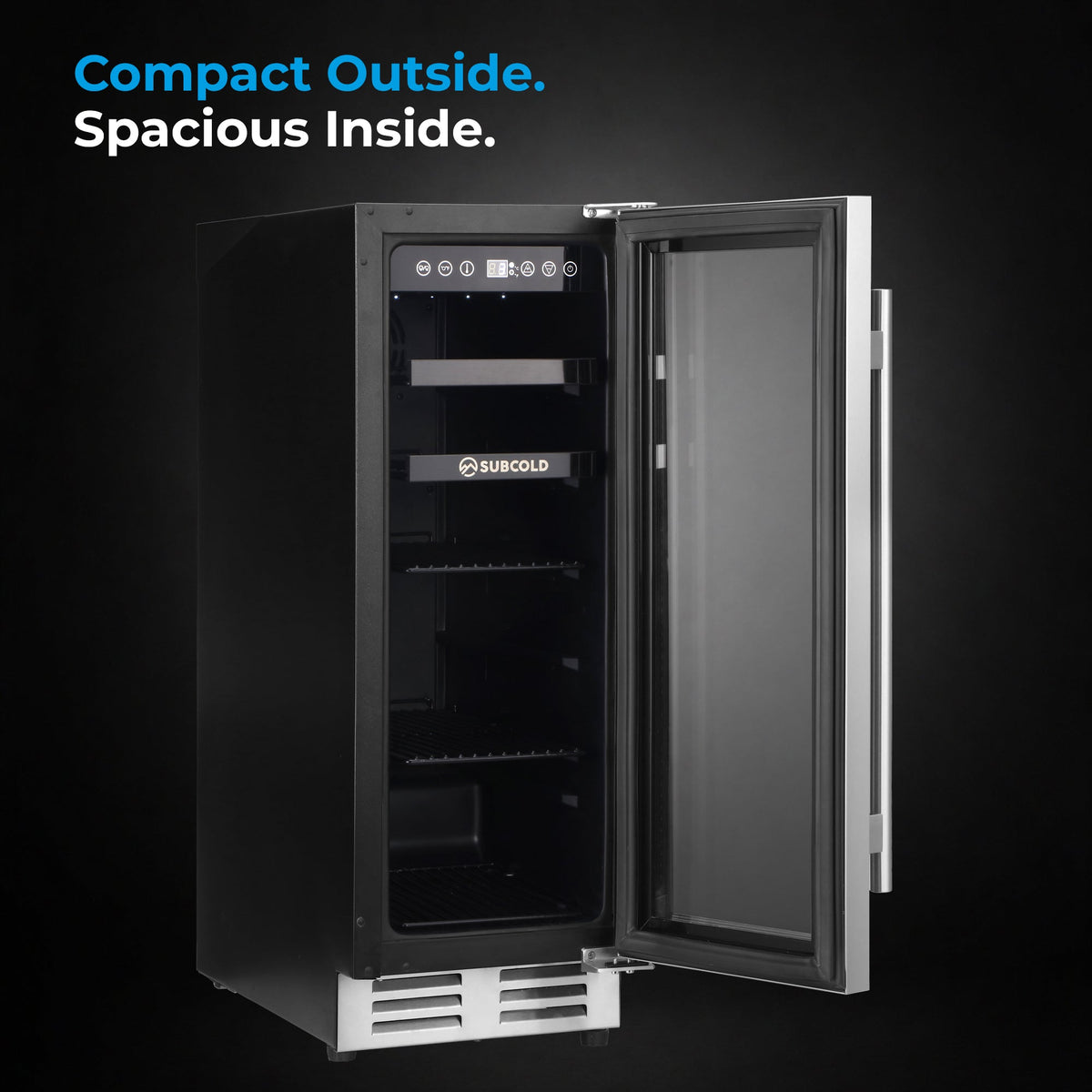 Black built-in 2-in-1 drinks and wine cooler with open glass door, interior shelves visible