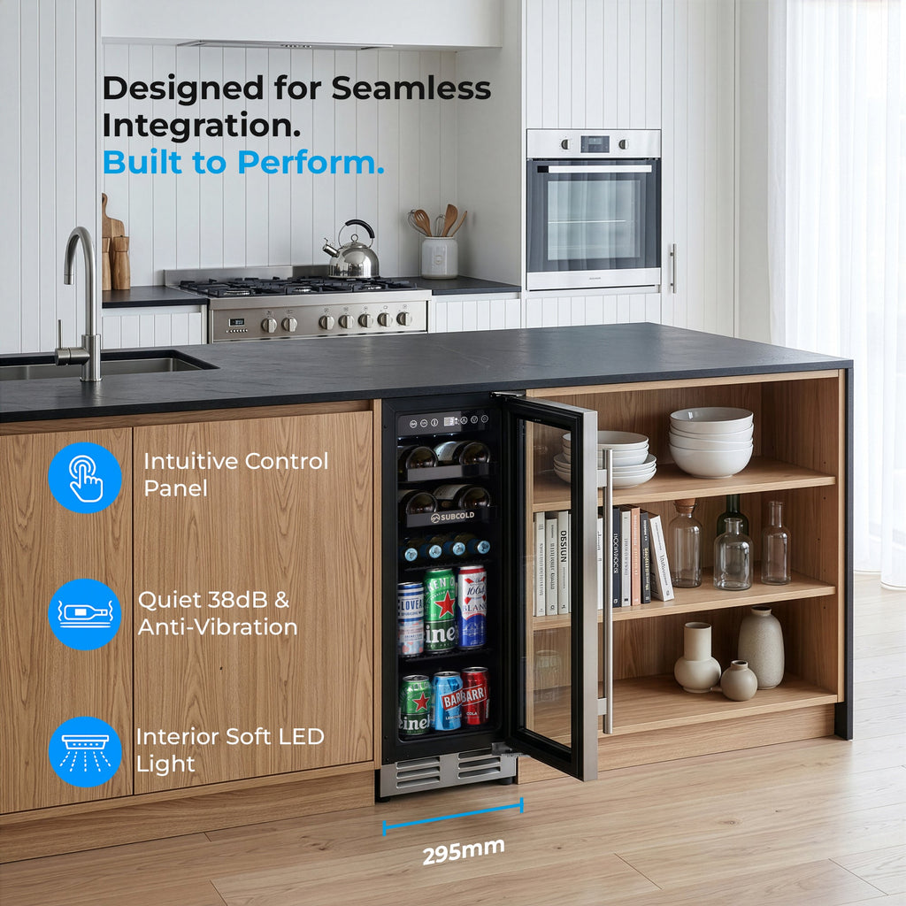 Built-in wine cooler integrated under counter with open door showing bottle racks and interior