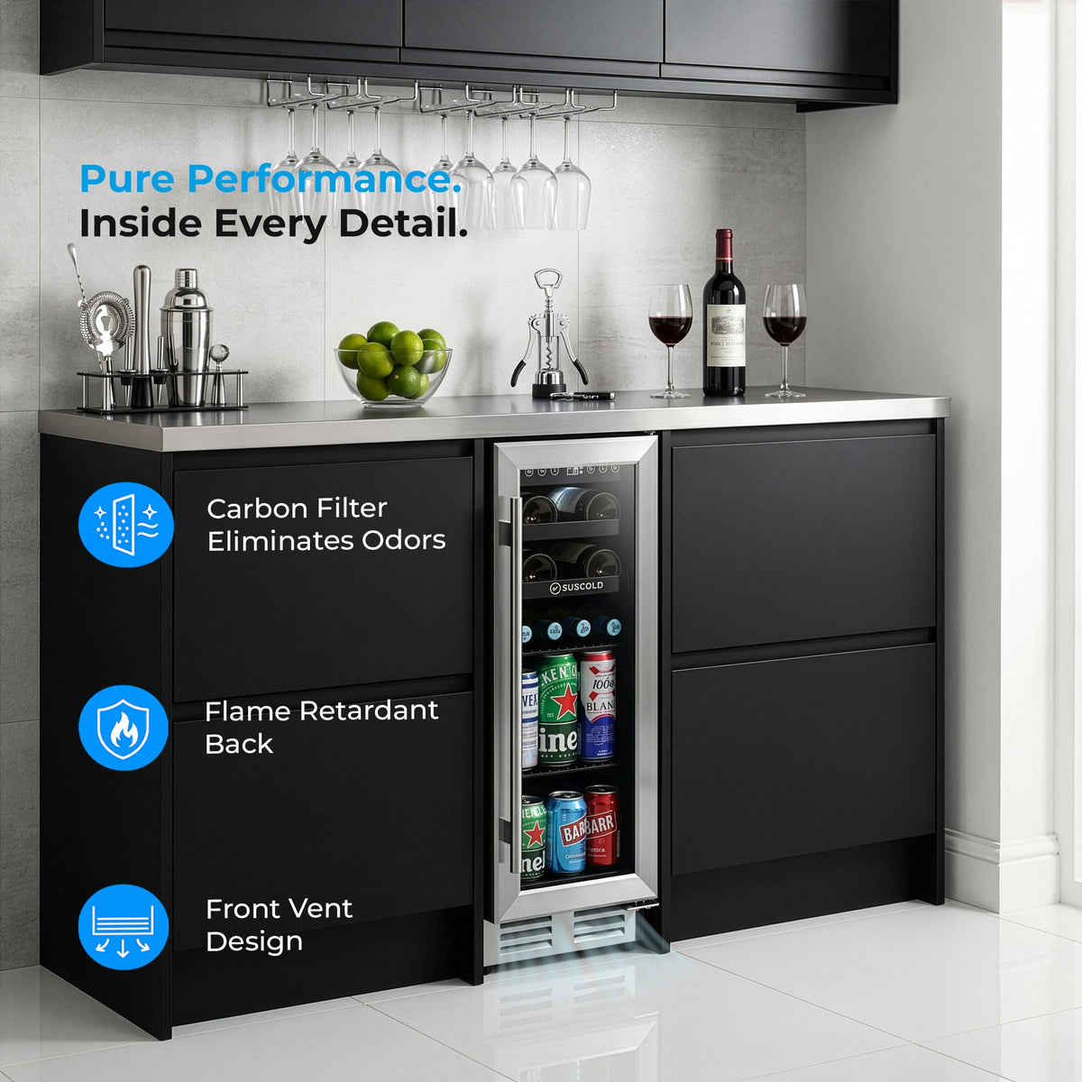 Built-in wine cooler with open door, bottle storage racks inside; front vented design