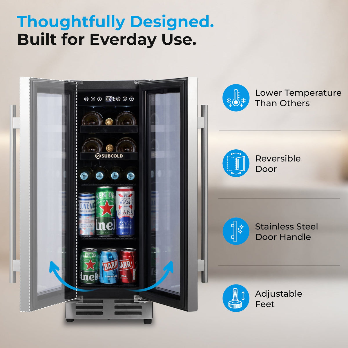 Black wine cooler with open door, bottle rows inside; stainless steel door handle