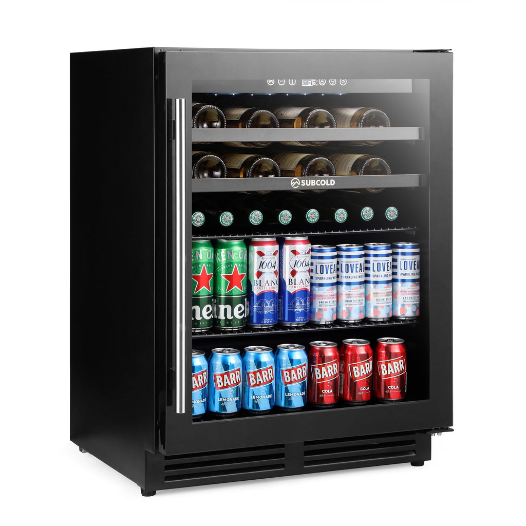 Black integrated drink and wine cooler with glass door open, cans and bottles inside.