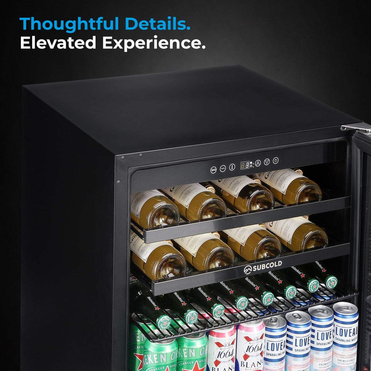 Black drink and wine cooler interior with bottle rack and can shelf, drinks visible.