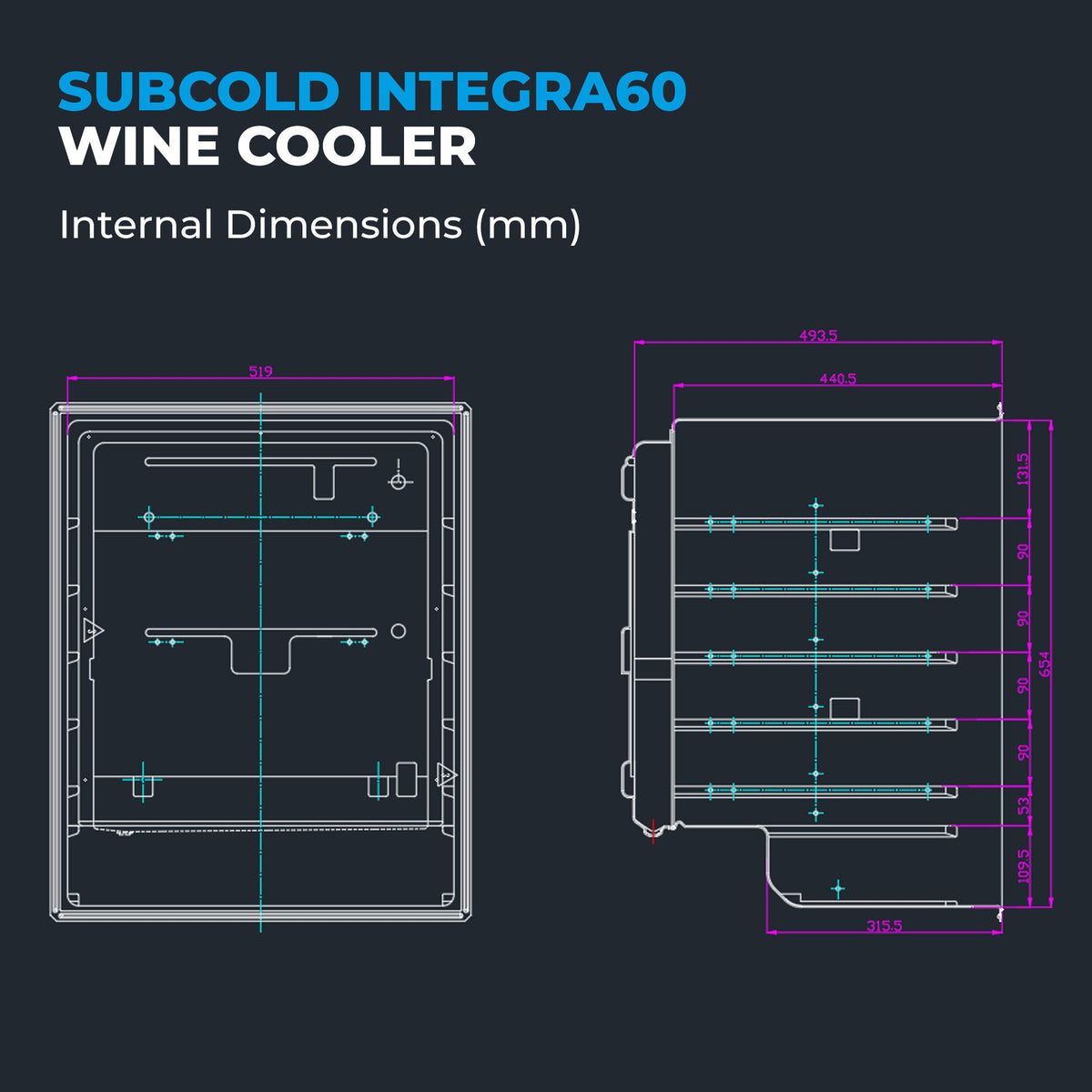 Wine cooler interior diagram showing dual shelves and cooling airflow paths