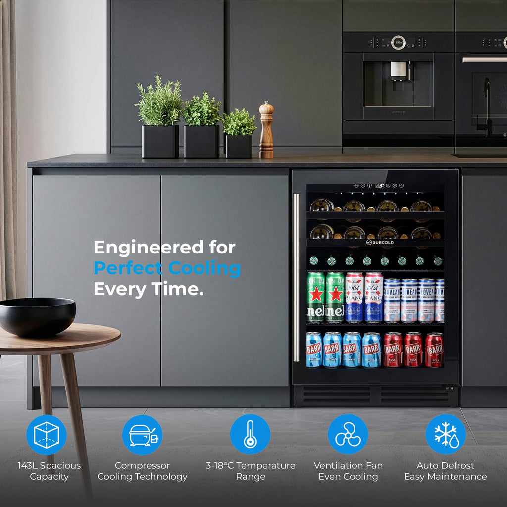 Built-in black drink and wine cooler with open door, cans and bottle storage inside.