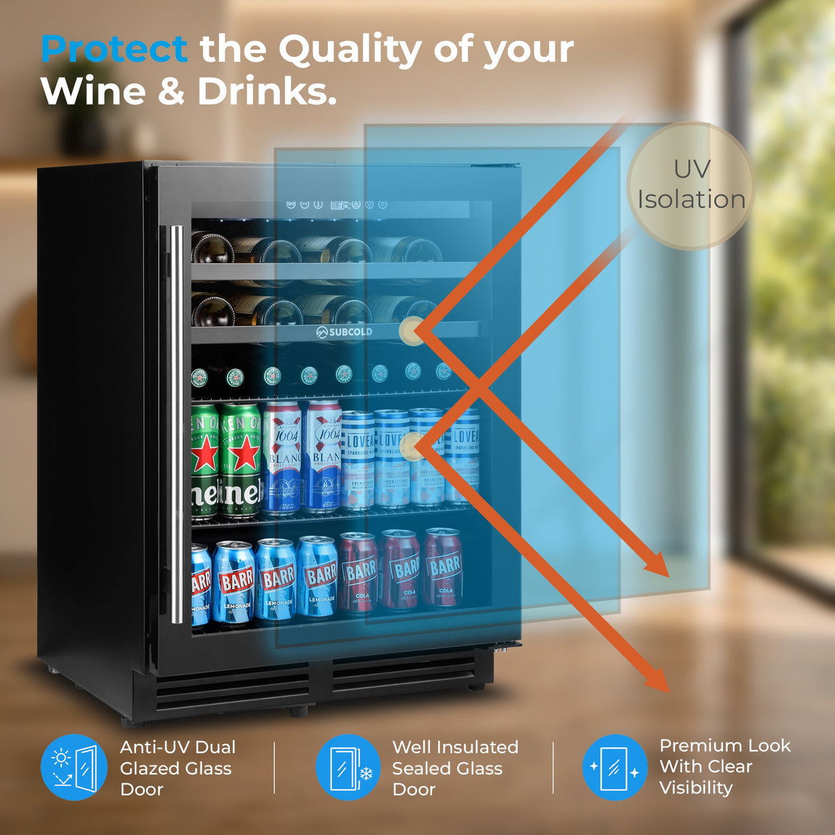 Black integrated drink and wine cooler with tinted glass door, bottles and cans inside.