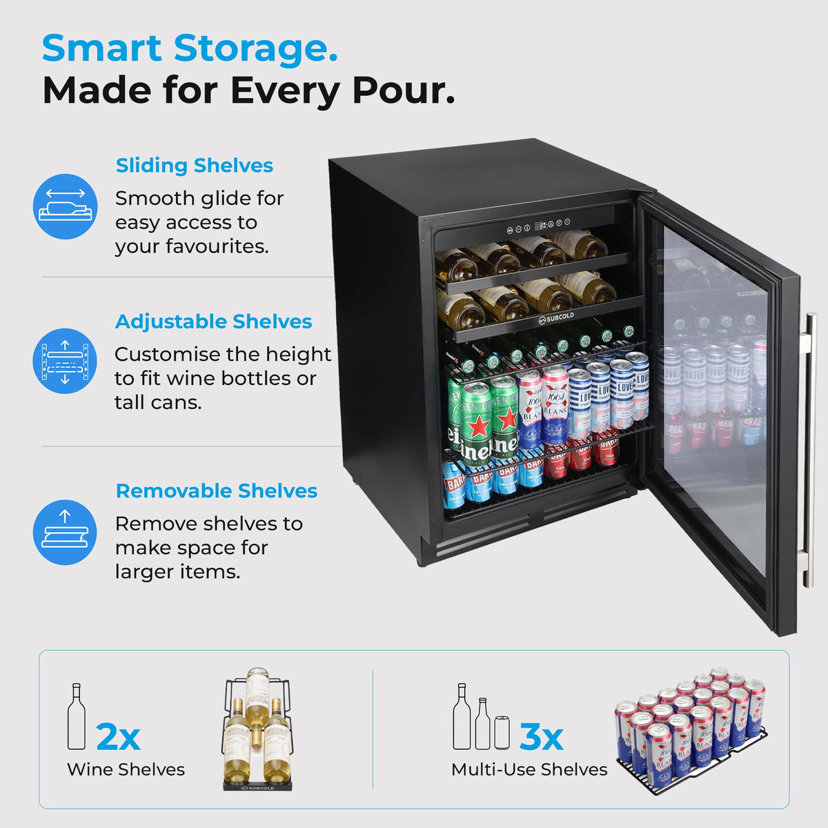 Black drink and wine cooler with open door showing interior shelves with bottles and cans.