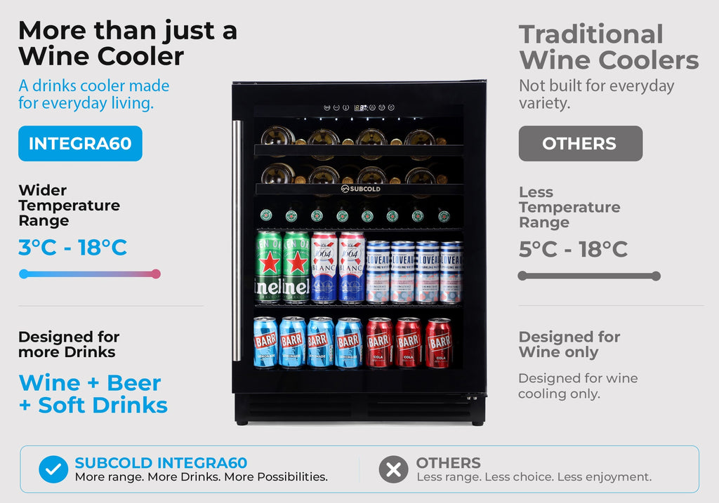 Black integrated drink and wine cooler with front glass door and interior drinks visible.