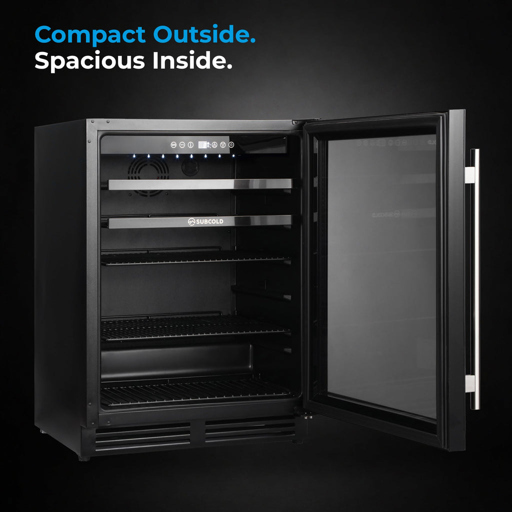 Black built-in drink and wine cooler with open door, empty interior shelves visible.