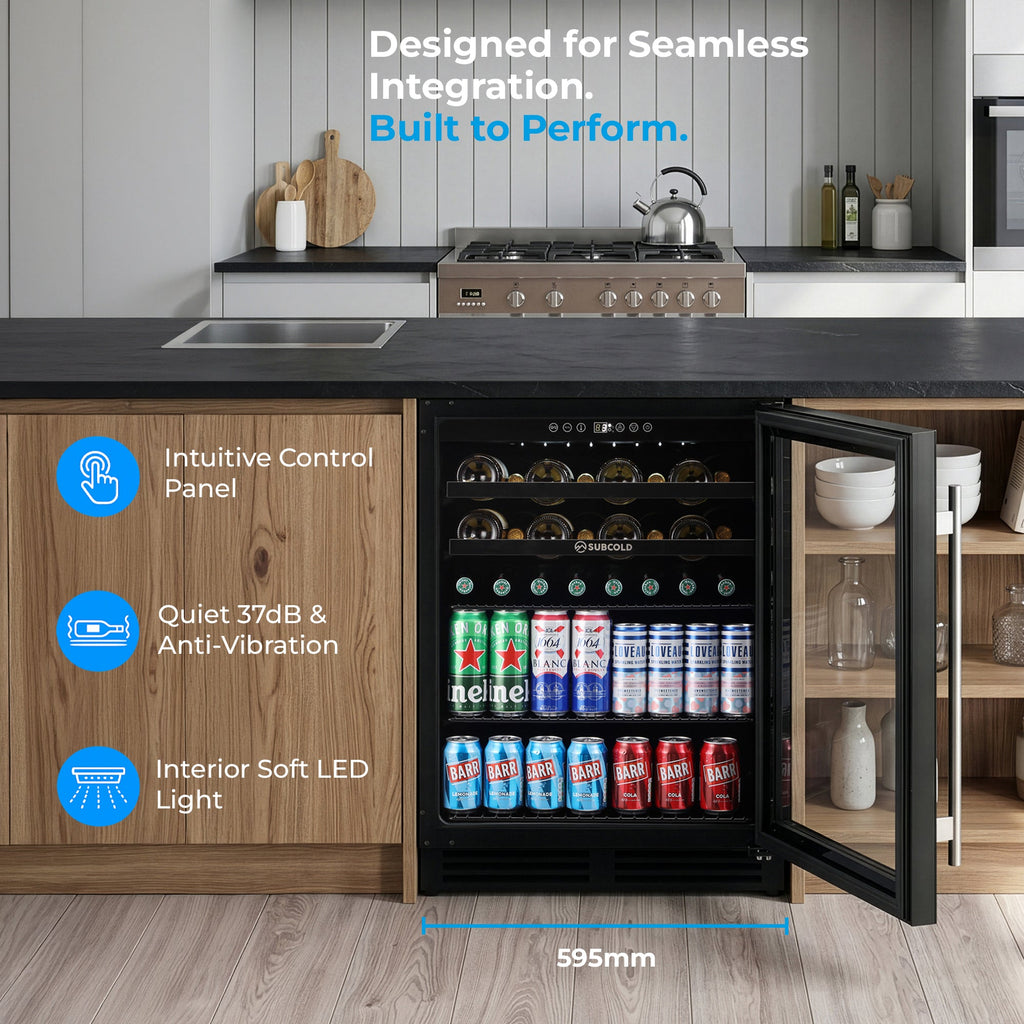 Built-in black drink and wine cooler with open door, illuminated bottles and cans inside.
