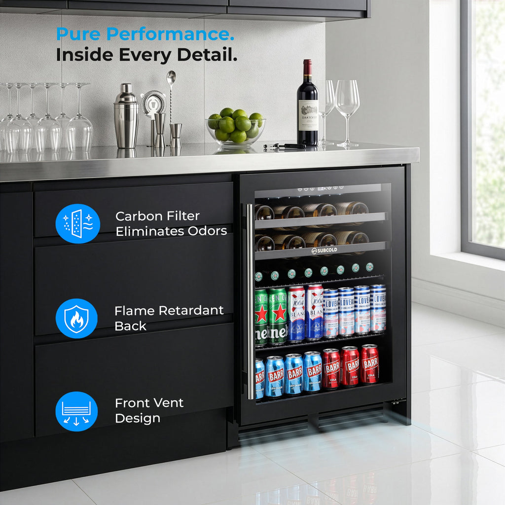 Black built-in drink and wine cooler with open door, bottles and can storage inside.