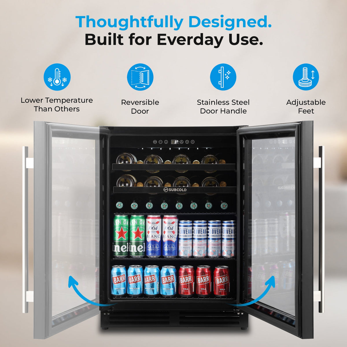 Black drink and wine cooler with both doors open, bottles and cans visible inside.