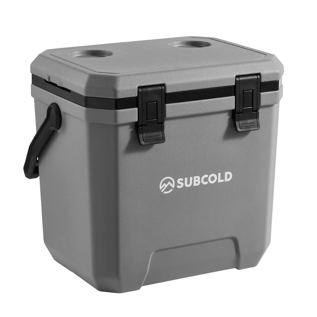 Subcold insulated cool box, gray with black latches and side carrying handle