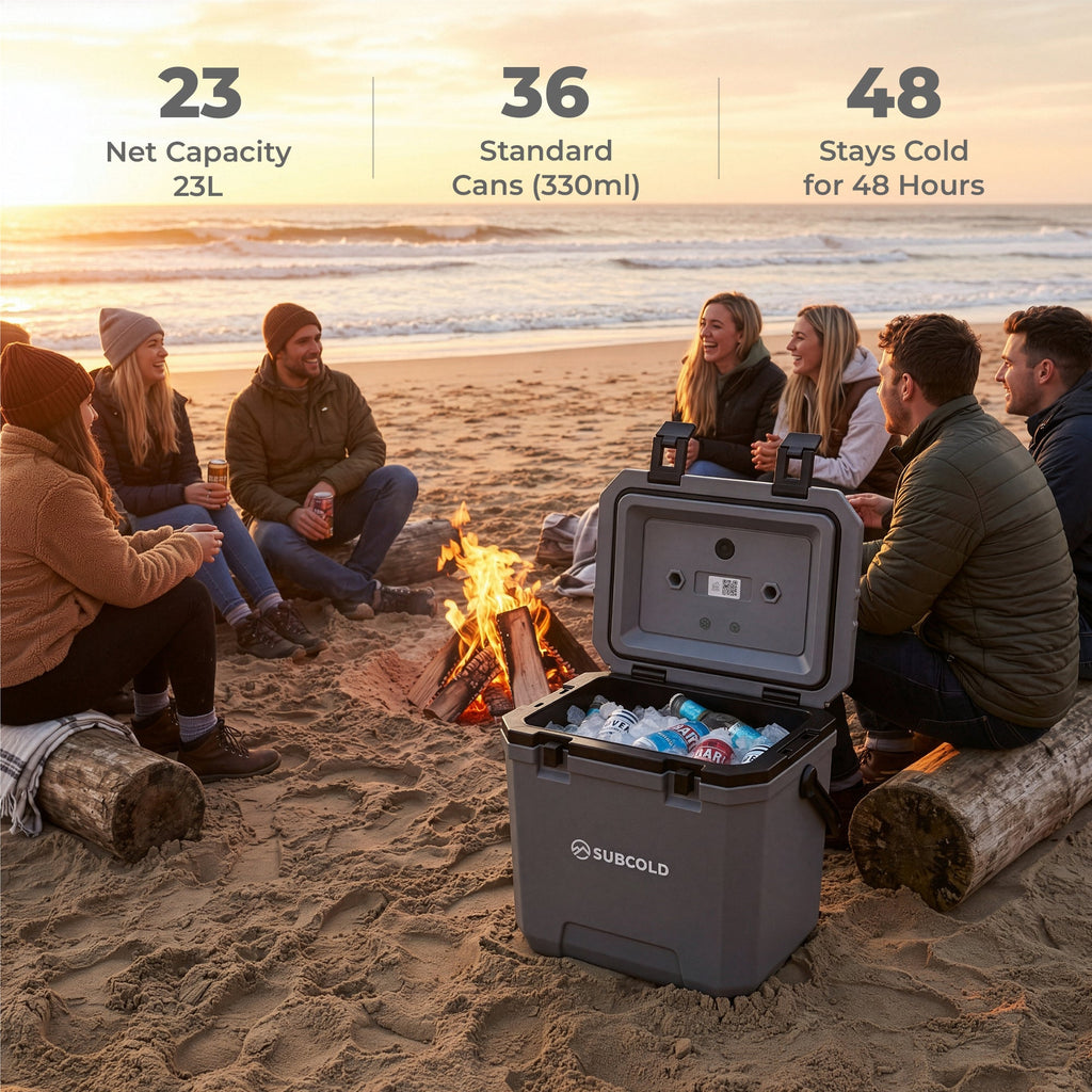 Subcold cool box with lid open, holding cans and drinks on sandy ground