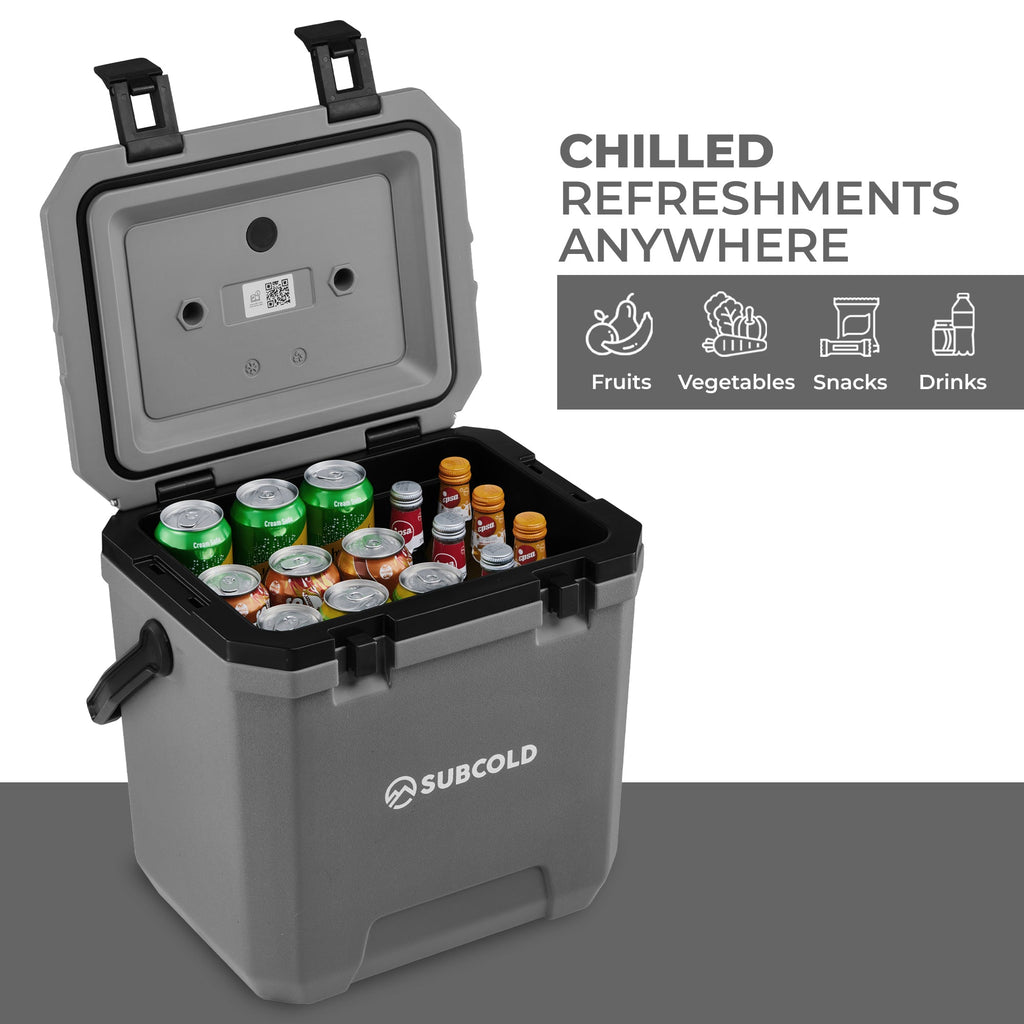 Subcold cool box with open lid and inner compartment, gray exterior and black trim